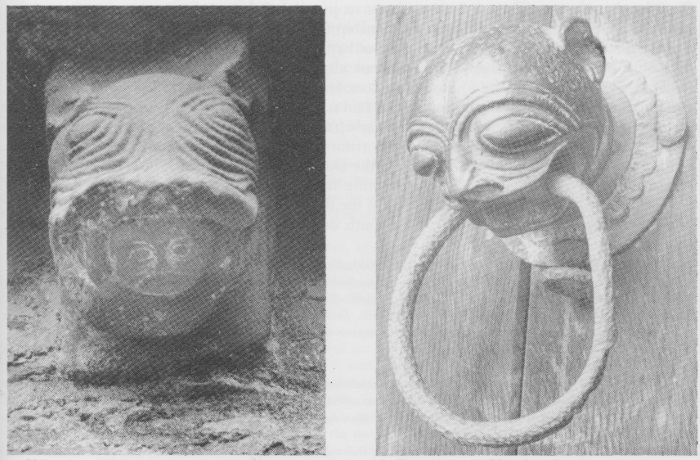 Plate V c. Kilpeck, corbel on north nave<br>Plate V d. Dormington, door knocker