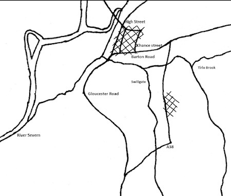 A sketch map of Tewkesbury showing Roman<br>age activity in the cross hatched areas (Author)